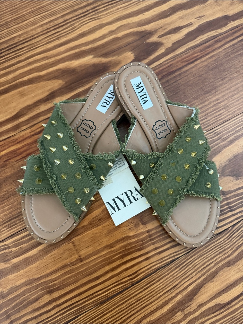 Myra Olive Green Studded Frayed Crossband Slide Sandals